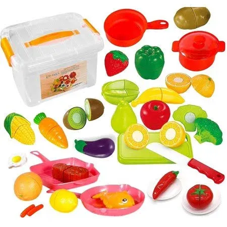 FUNERICA 45-Pieces Cutting Pretend Play Food Set Fruits Vegetables Stainless ...