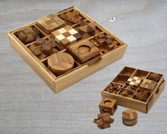 3D Wooden Puzzle Brain Teasers and Educational Games in Set of 9 Wooden Puzzles ...