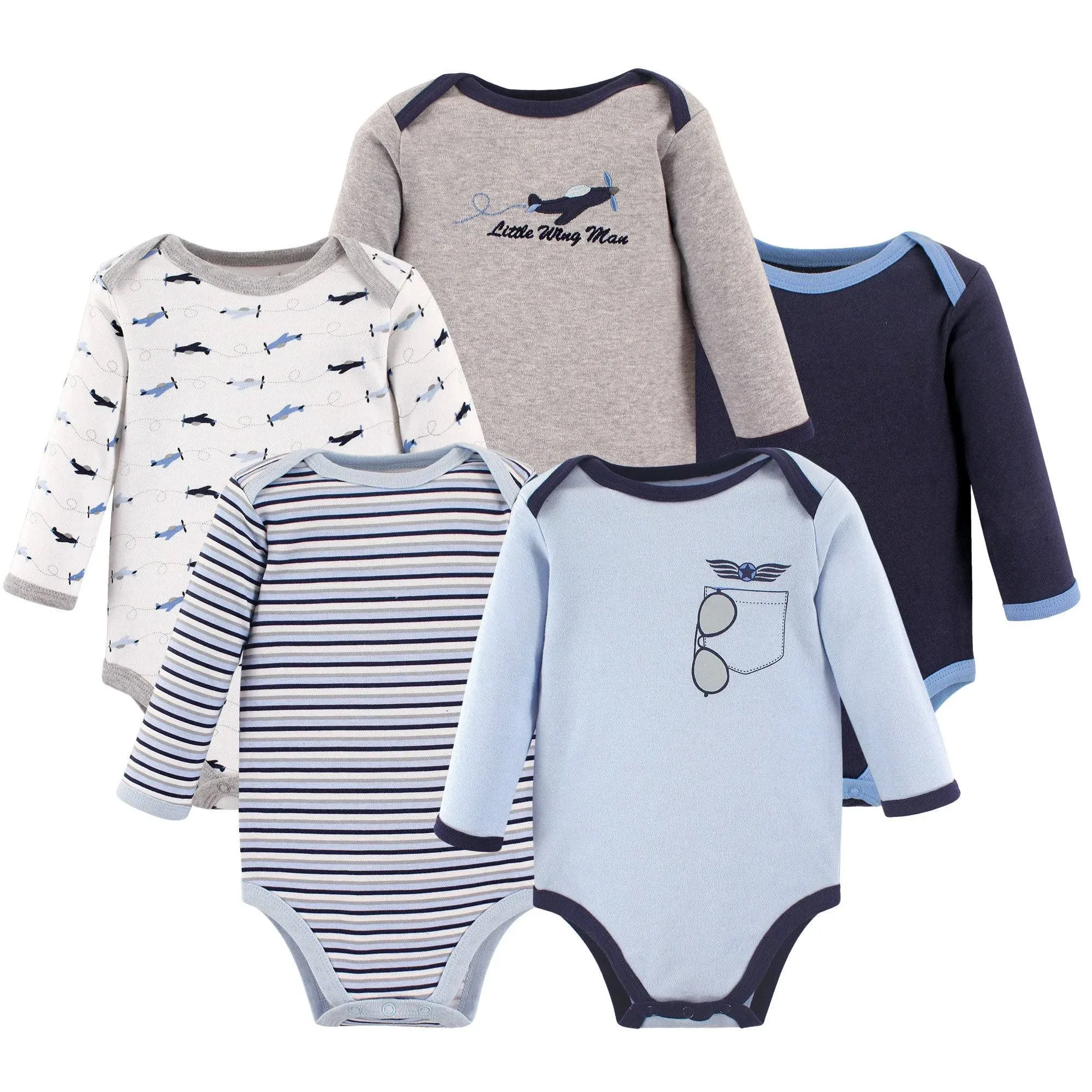 Luvable Friends Long Sleeve Bodysuits, 5 Pack, Airplane, 18-24 Months