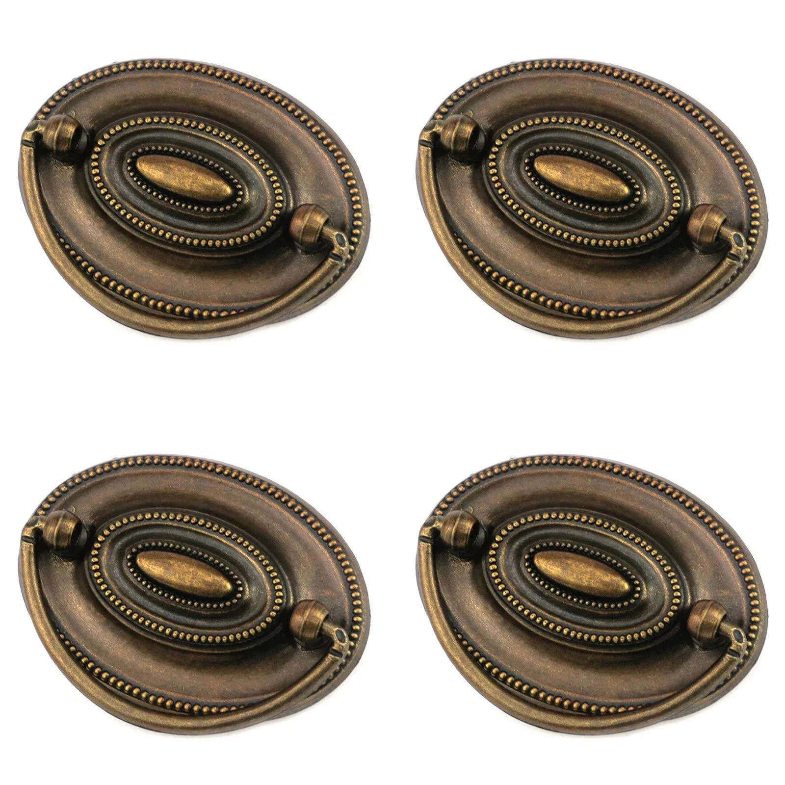 Quluxe 4 Pcs Furniture Dresser Pull, Antique Brass Bail Drawer Pull Oval Drop Swing Handles Cabinet Knob Hardware