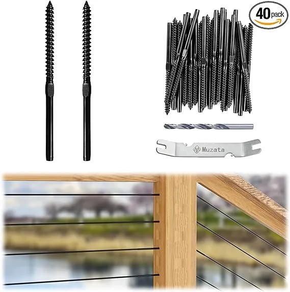 Muzata 40 Pack 1/8" Black Swage Lag Screws Left and Right Cable Railing Kit Cable Railing Hardware Handed Thread for Wood Post T316 Stainless Steel MZZ0600B