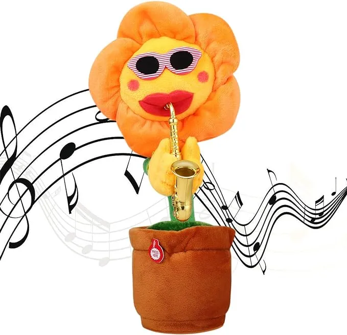 Musical Singing Dancing Repeating Talking Sunflower Soft Plush Funny Creative Saxophone Kids Toy(Yellow)