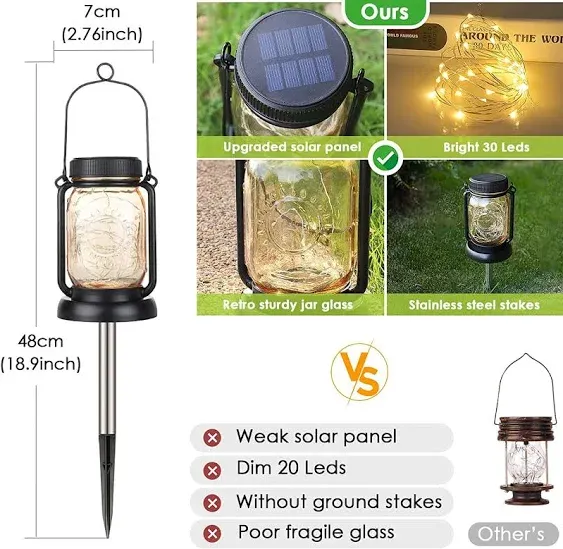 4 Pack Solar Hanging Mason Jar Lights With Stakes, Outdoor Waterproof