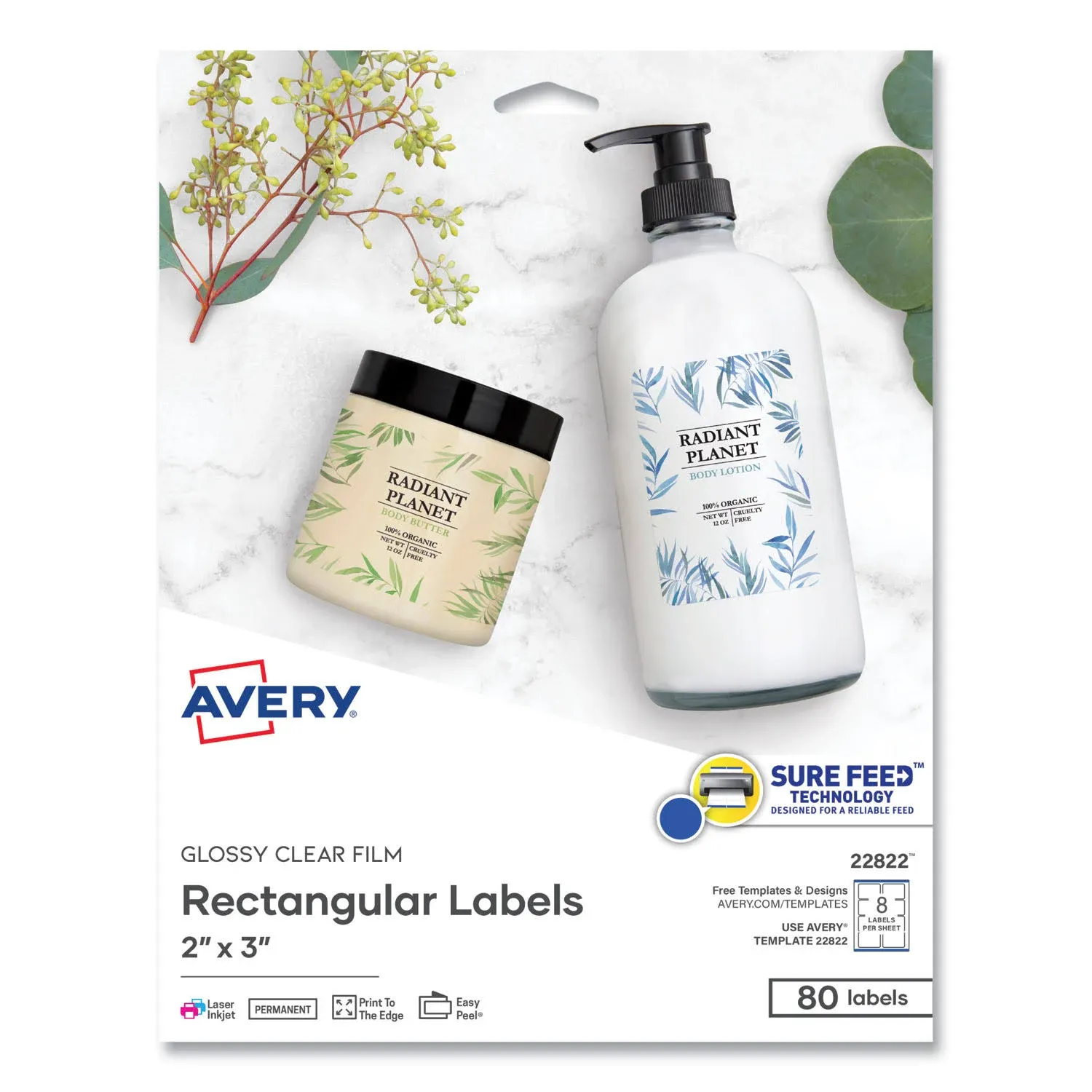 Avery Print-to-the-Edge Laser/Inkjet Labels, 2" x 3", Glossy Clear, 8 Labels/Sheet, 10 Sheets/Pack, 80 Labels/Pack (22822)