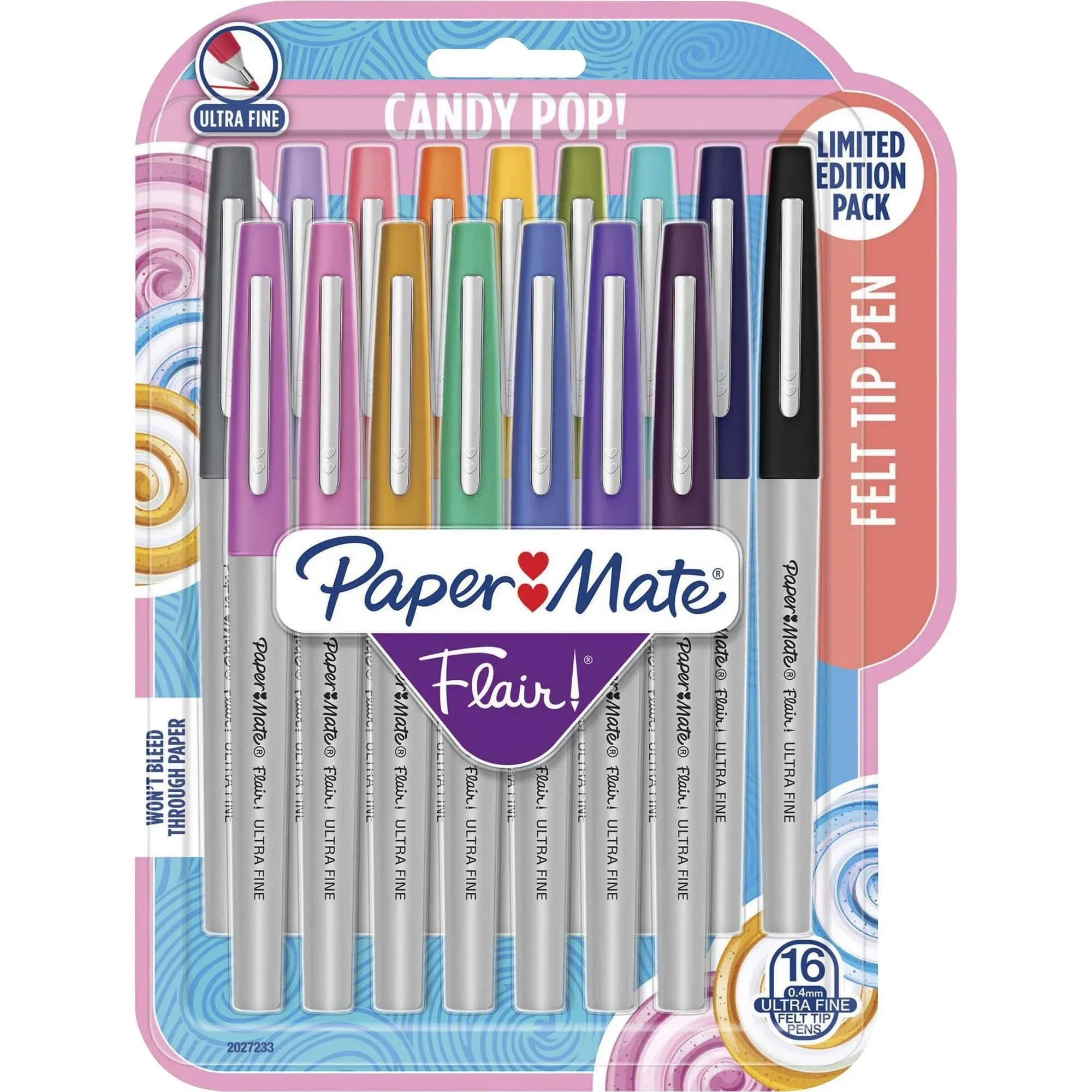 Paper Mate Flair Felt-Tip Pens, Ultra Fine Point, 0.4 mm, Gray Barrel, Assorted Ink, Pack Of 16