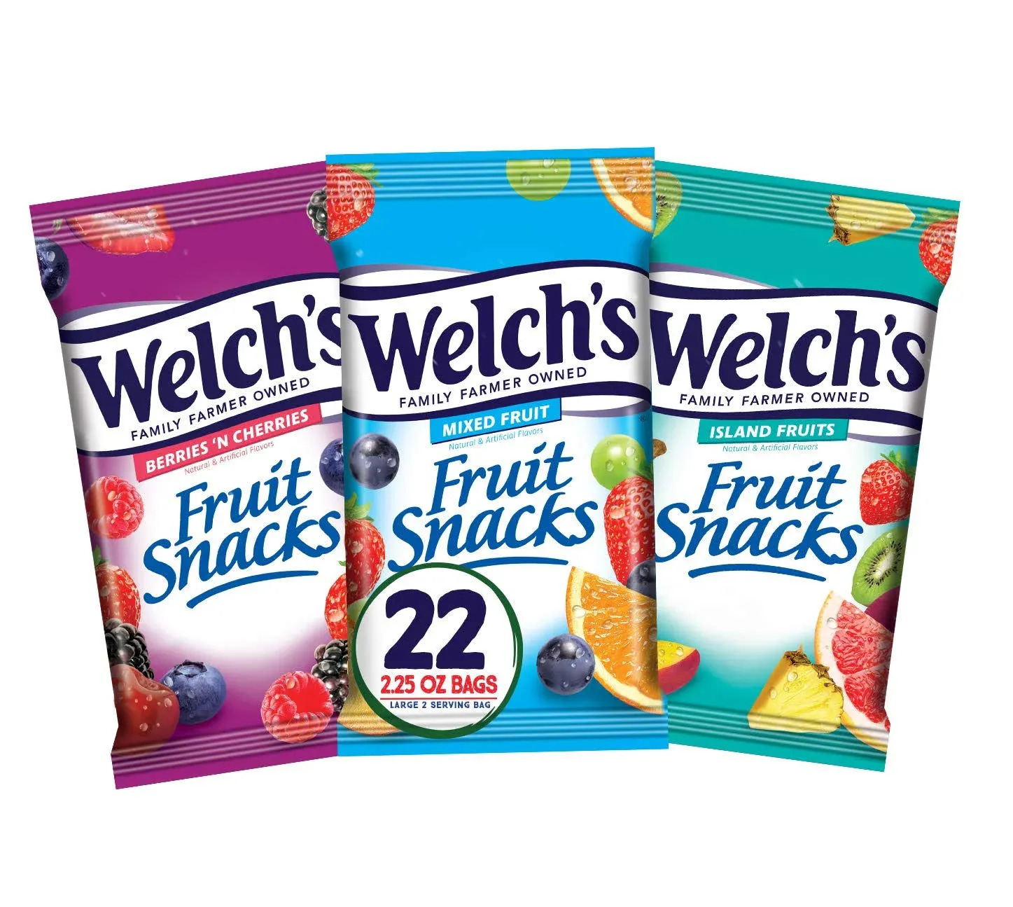 Welch's Fruit Snacks, Variety Pack with Mixed Fruit, Island Fruits & Berries 'n Cherries, Gluten Free, 2.25 oz Bags (Pack of 22)