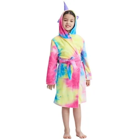 Girls Unicorn Robe Kids Tie Dye Bathrobe Soft Hoodie Sleepwear Flannel Rainbow One-Piece for Shower Room Toddler Gifts