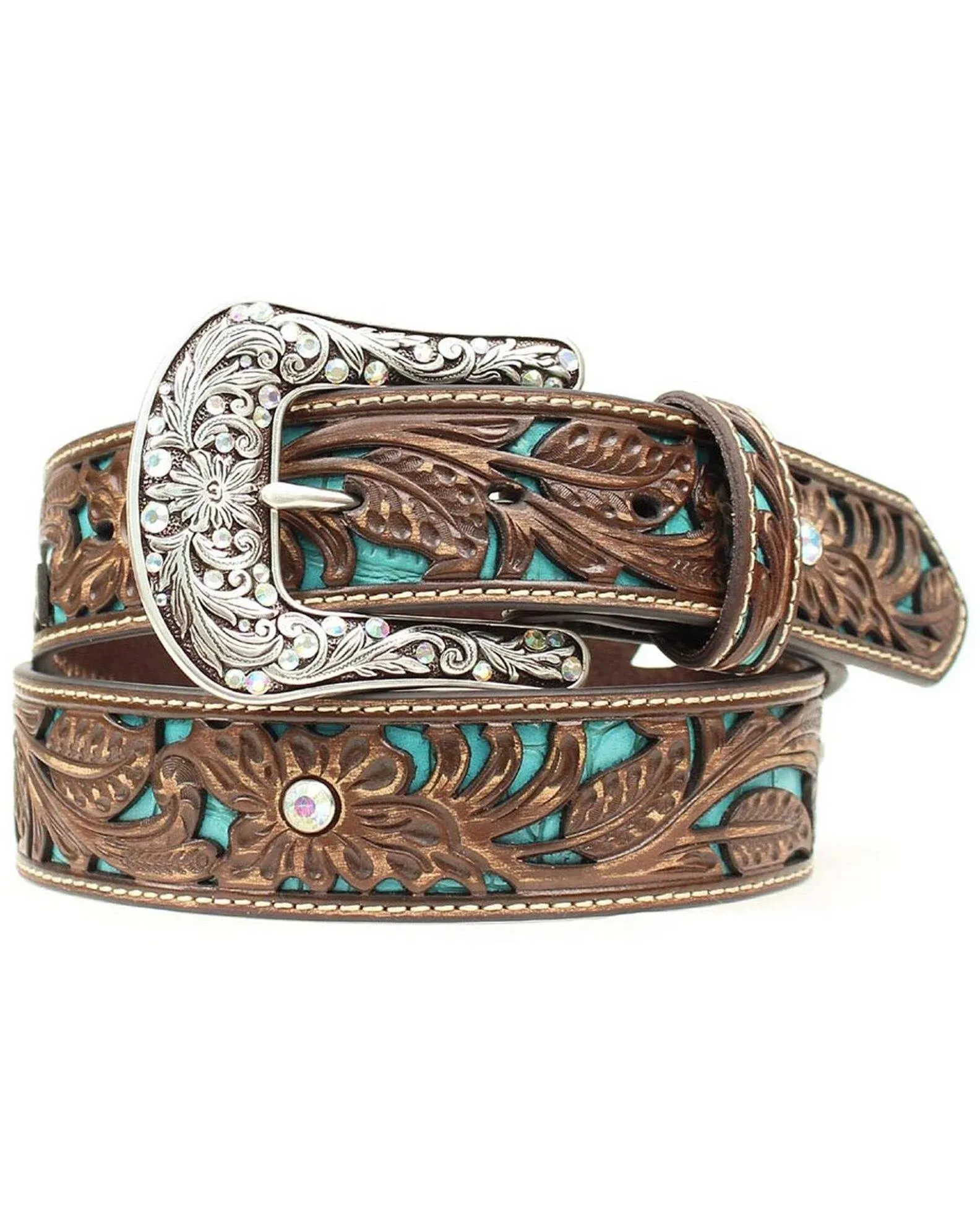 Ariat Women&#039;s Turquoise Inlay and Silver Buckle Leather Belt - Brown - M