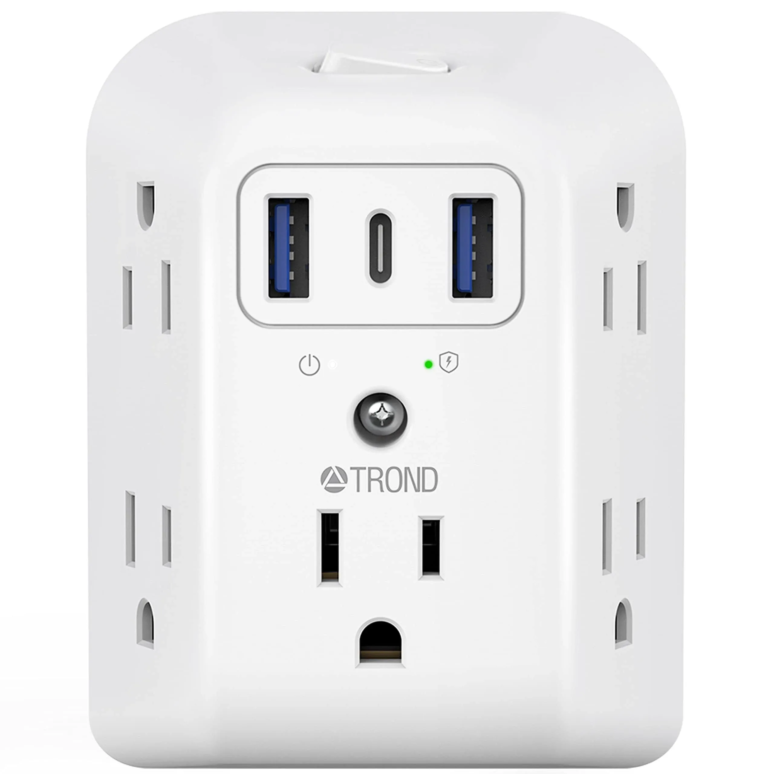 USB Wall Charger, Trond Surge Protector Power Strip 5 Outlet Extender and 3 USB Charging Ports ( 1 USB C ) 3 Sided 1440 Joules Multi Plug Outlets Wall