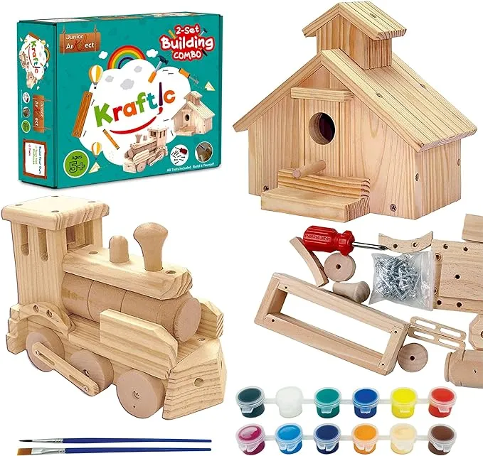 Kraftic Woodworking Building Kit for Kids and Adults, 2 Educational DIY Carpentry Construction Wood Model Kit Toy Projects for Boys and Girls