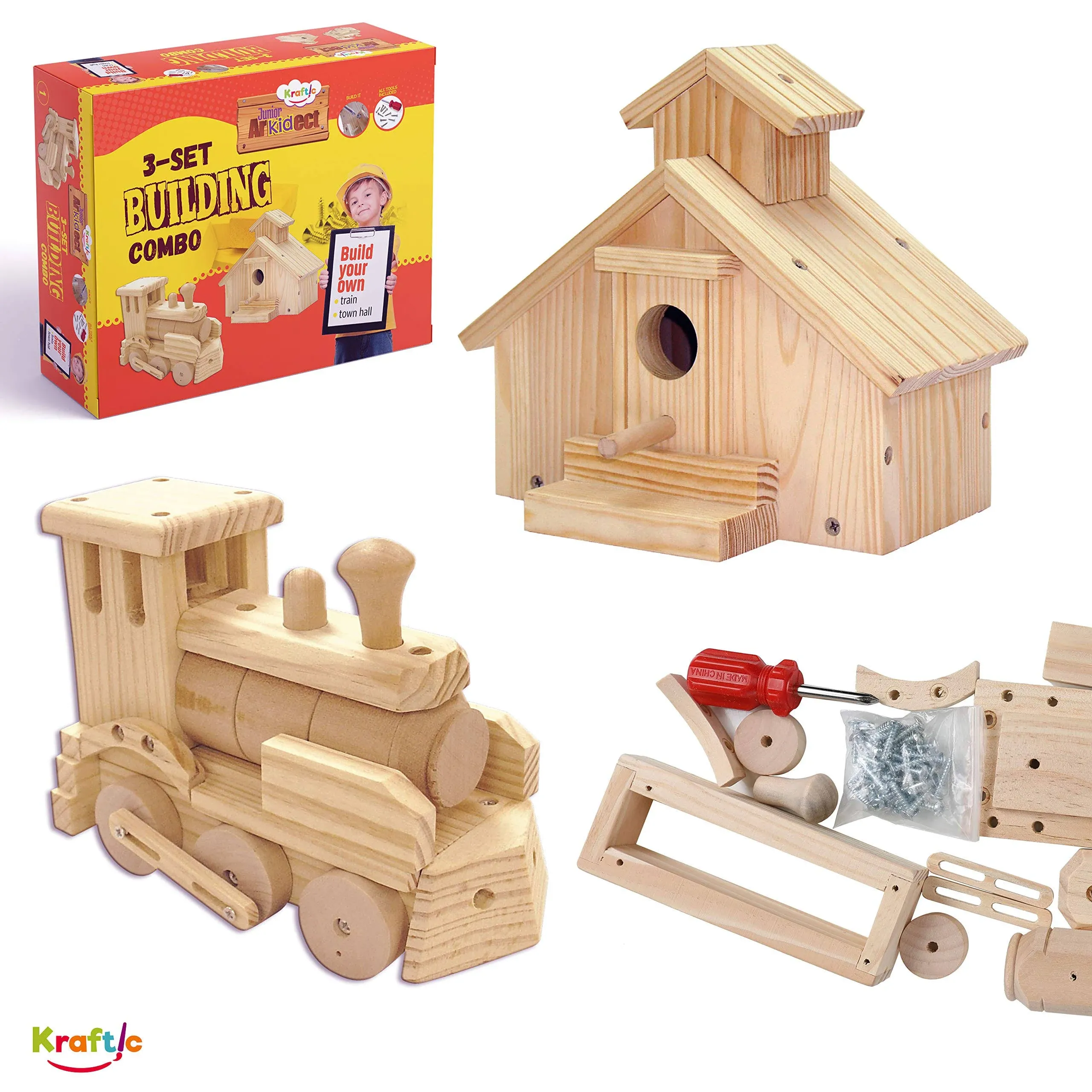 Kraftic Woodworking Building Kit for Kids and Adults, 2 Educational DIY Carpentry Construction Wood Model Kit Toy Projects for Boys and Girls - Build a Wooden Town Hall Birdhouse and Train