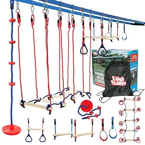 Double Slackline Obstacle Course | 110 ft Line | Ninja Warrior Course with Monkey Bars | Ninja Slackline for Kids | Patented Double Line Design (110'