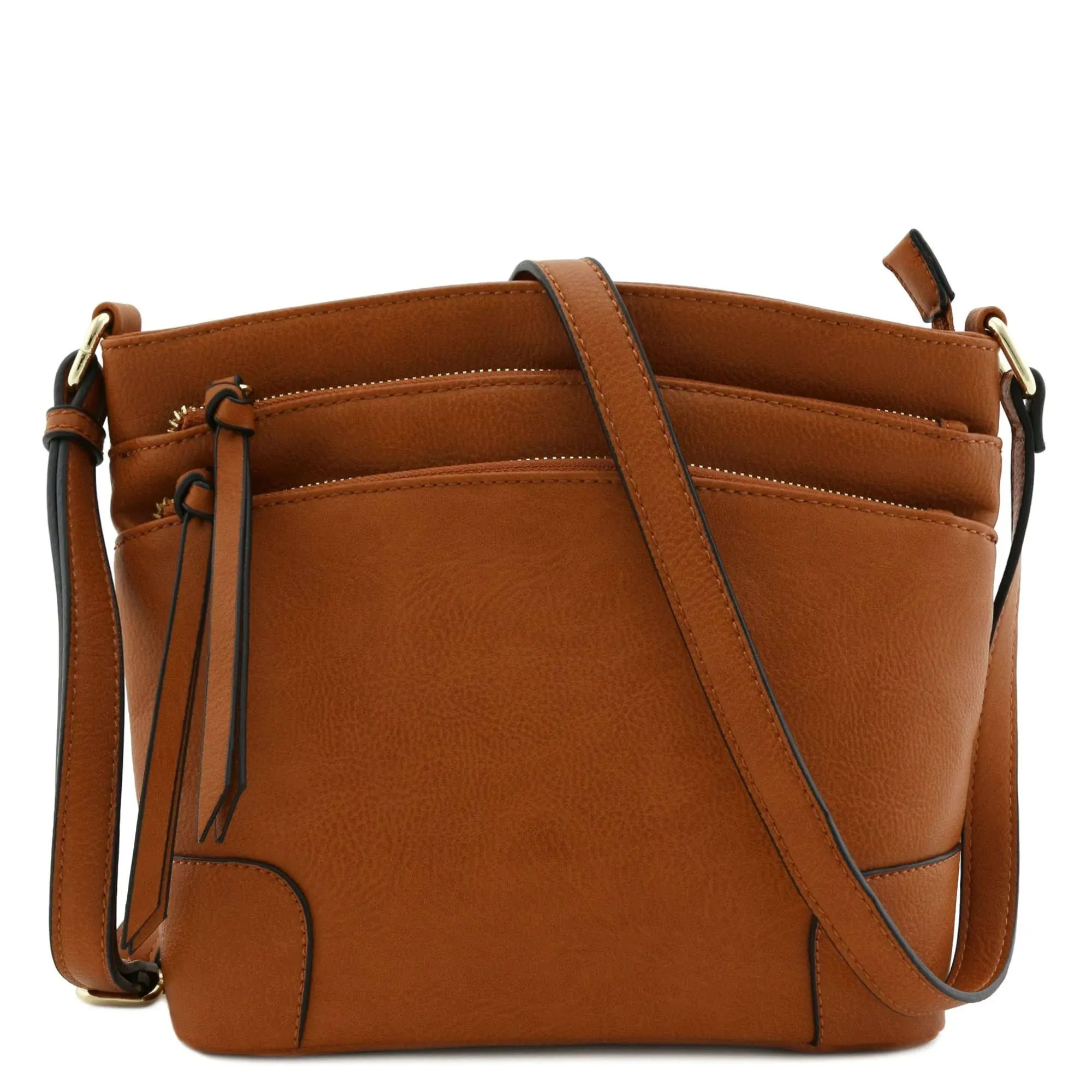 Triple Zipper Pocket Medium Crossbody Bag Tan