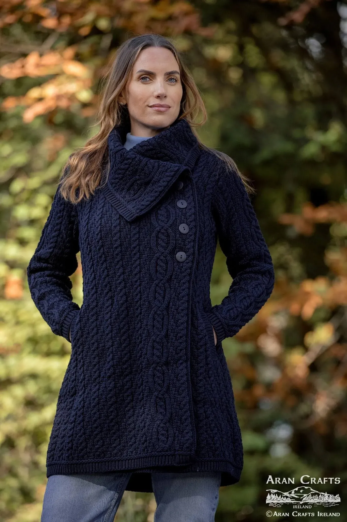 Ladies Aran Wide Collared Button Coat