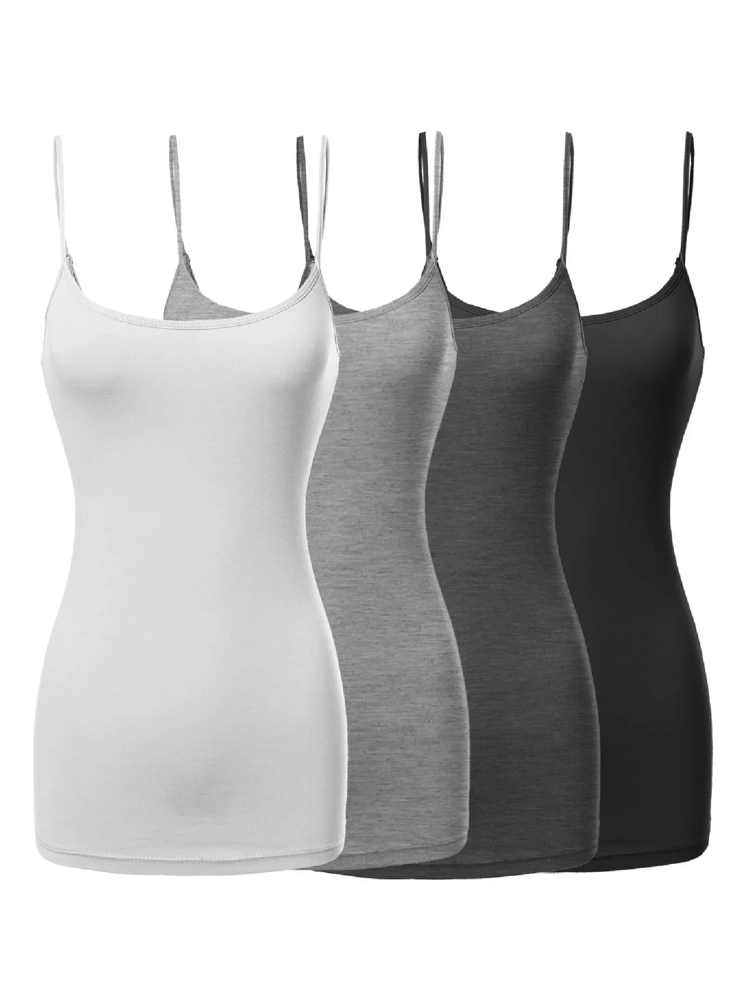 Women's Basic Solid Long Length Adjustable Spaghetti Strap Tank Top 4pk - White ...