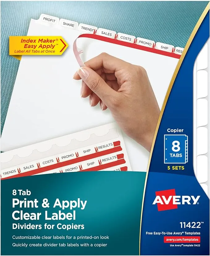 Avery 8 Tab Dividers for 3 Ring Binder, Easy Print & Apply Clear Label Strip for Copiers, Index Maker Customizable White Tabs, 5 Sets (11422)