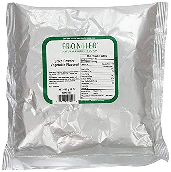 Frontier Co-Op
           Natural Products Vegetable Broth Powder -- 16 oz
        
        
        
        
        
          
          SKU #: 089836020062
          
            Shipping Weight:
              1.035 lb