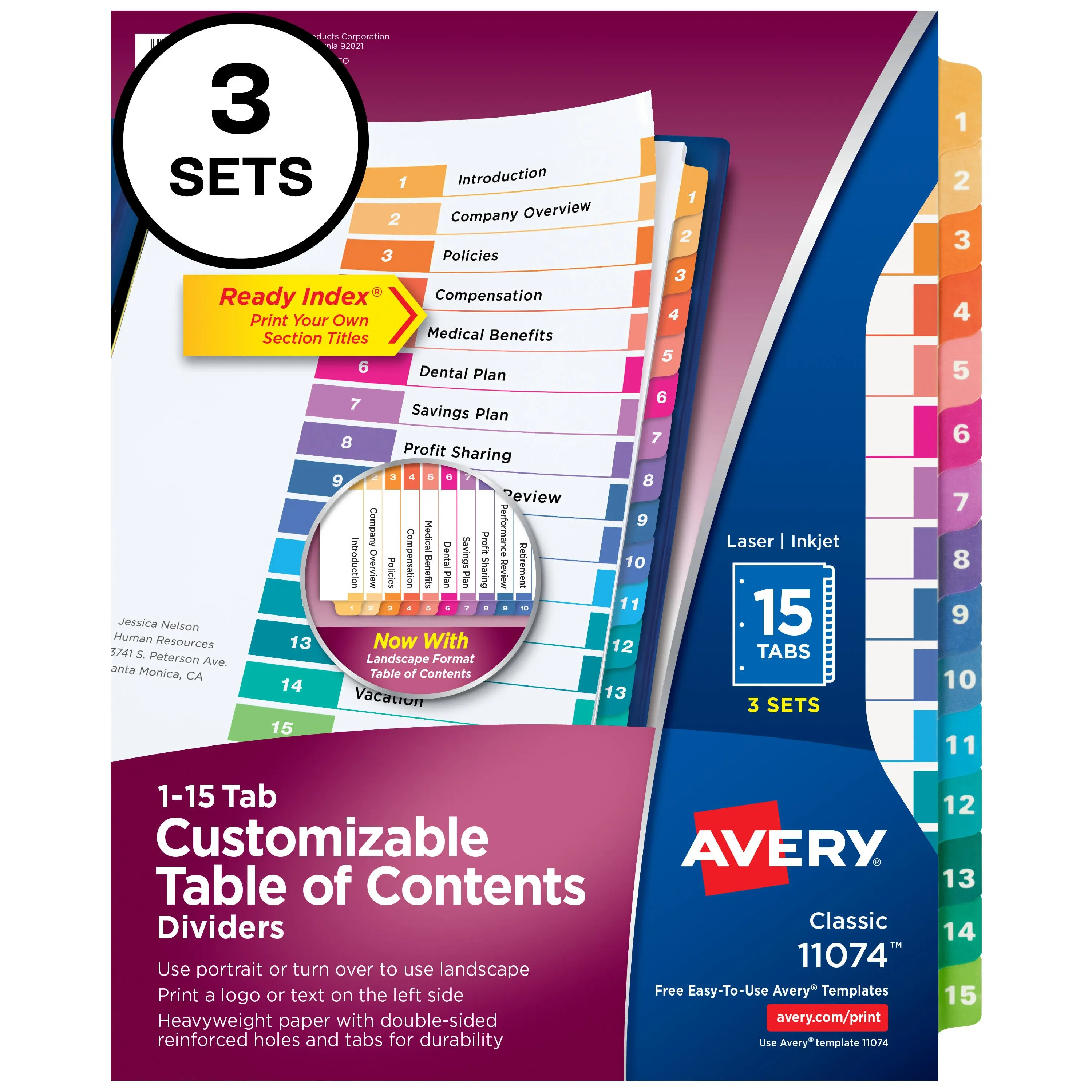 Avery Ready Index Table of Contents Dividers 11074, 15-Tab, 3 Sets