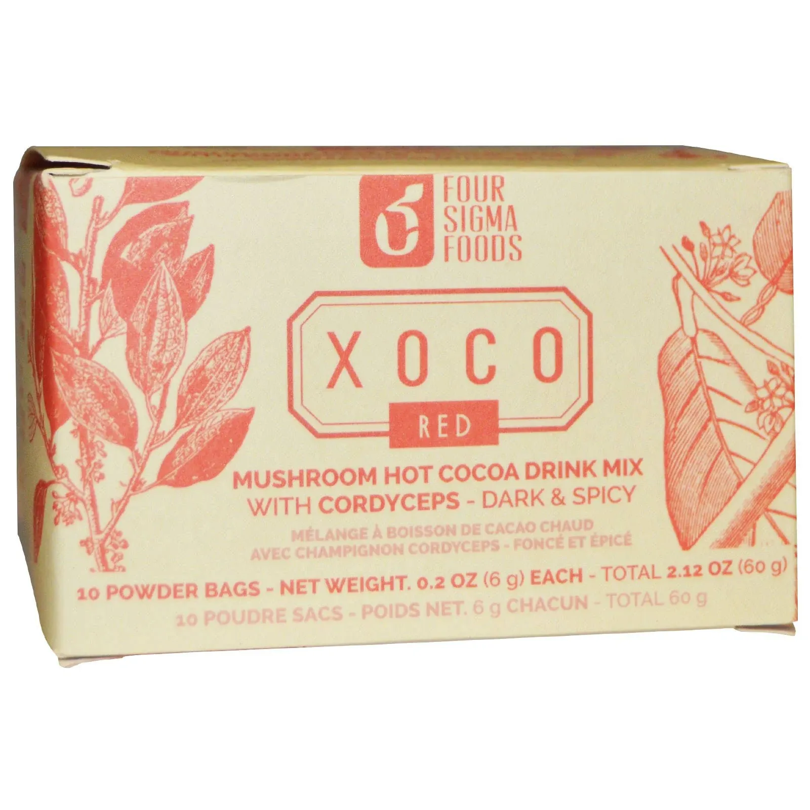 Four Sigma Foods Xoco Red Cordyceps Mushroom Hot Chocolate Drink Mix - 10 bags, 0.2 oz each