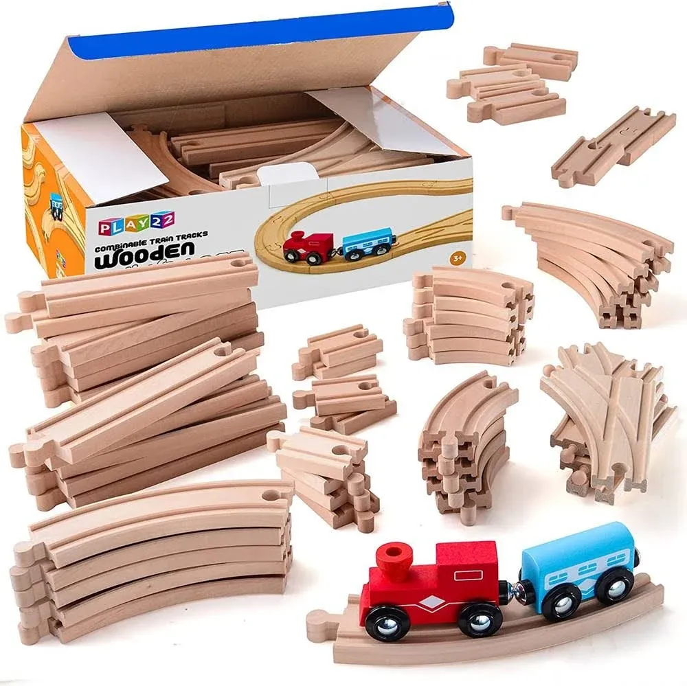 52PCS Wooden Train Track Set with 2 Bonus Toy Trains - Complete Wooden Train Set