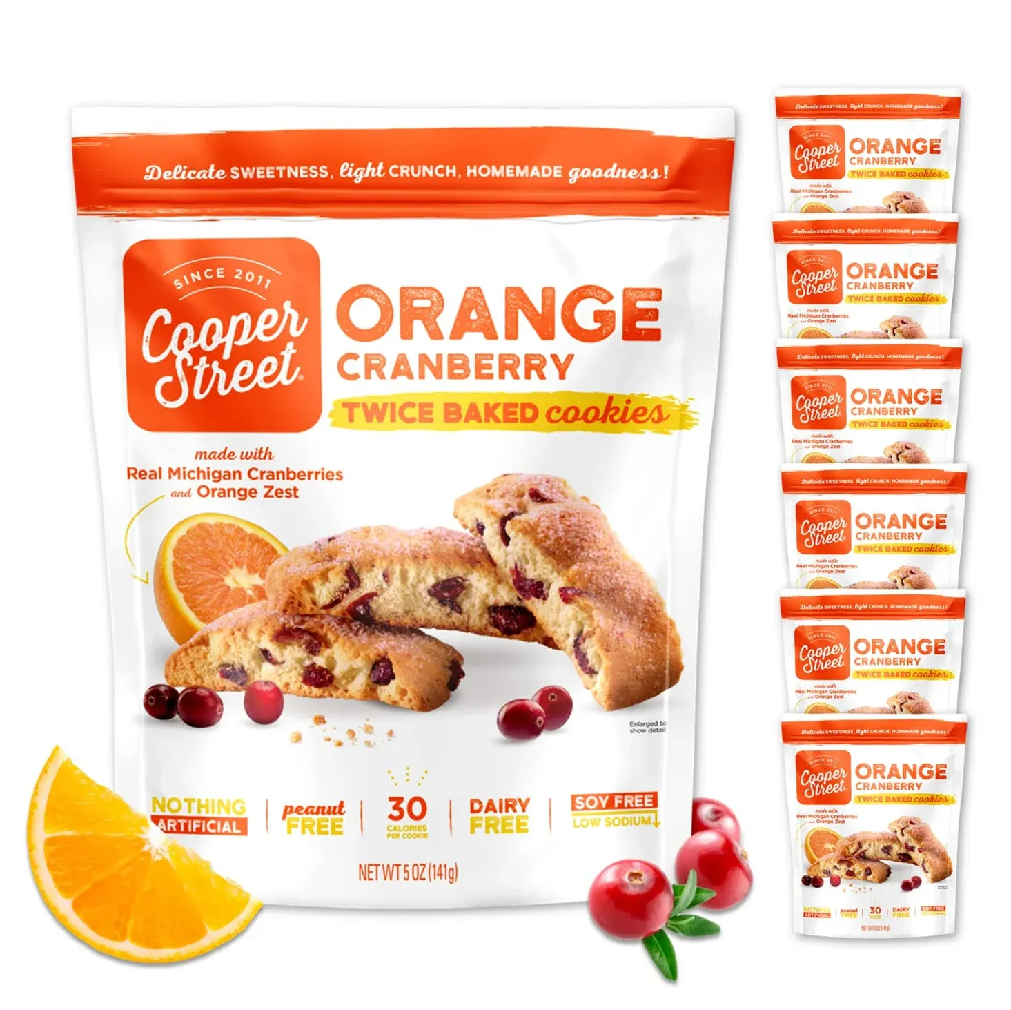 Cooper Street Italian Biscotti Cookies - Twice Baked Biscotti Style Cookie Biscuits in Delicious Orange Cranberry Flavor | Crispy, Light and Healthy Cookies | Peanut & Dairy Free | 5oz | 6 Pack