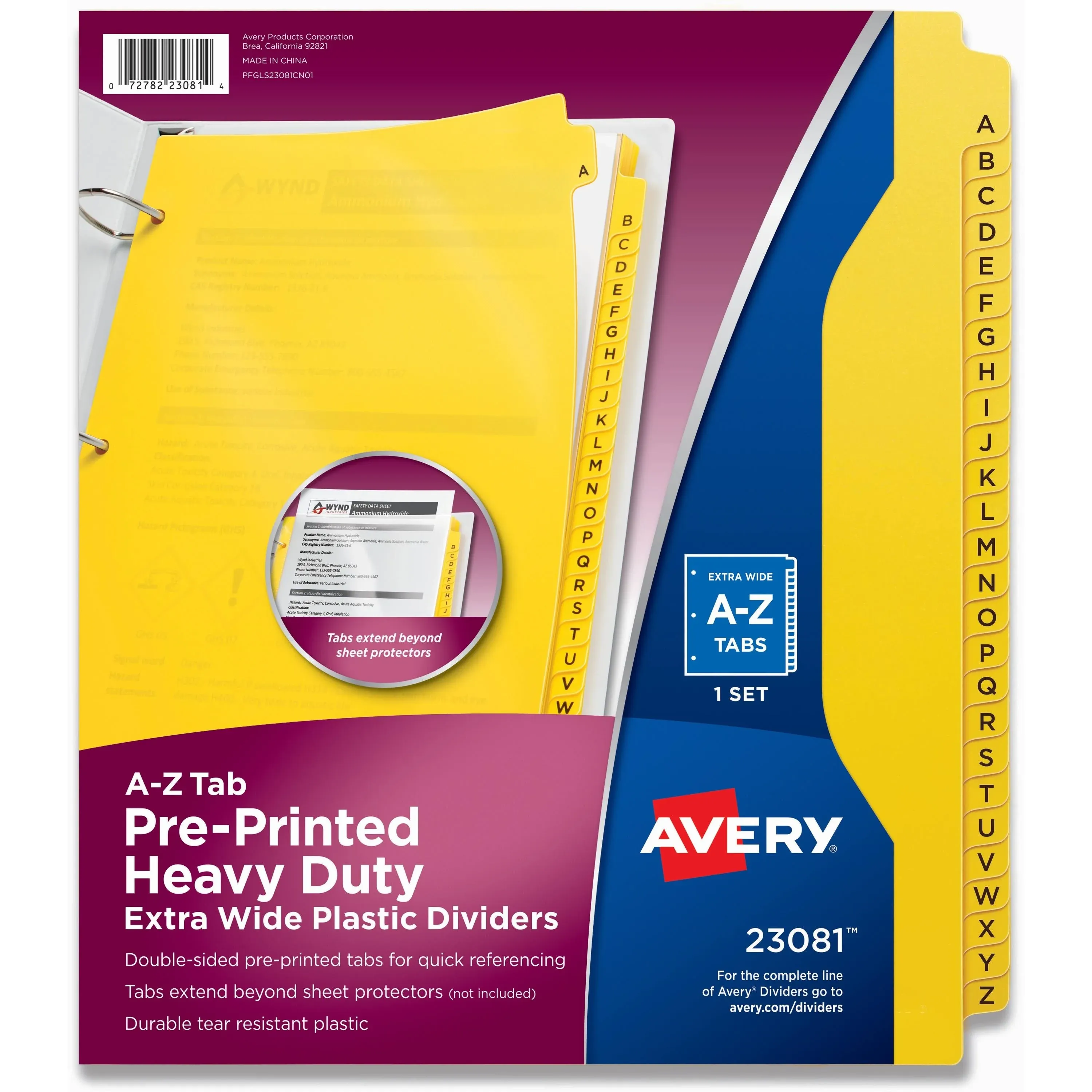 Avery Heavy-Duty Preprinted Plastic Tab Dividers 26-Tab A-Z Yellow 1 Set 23081