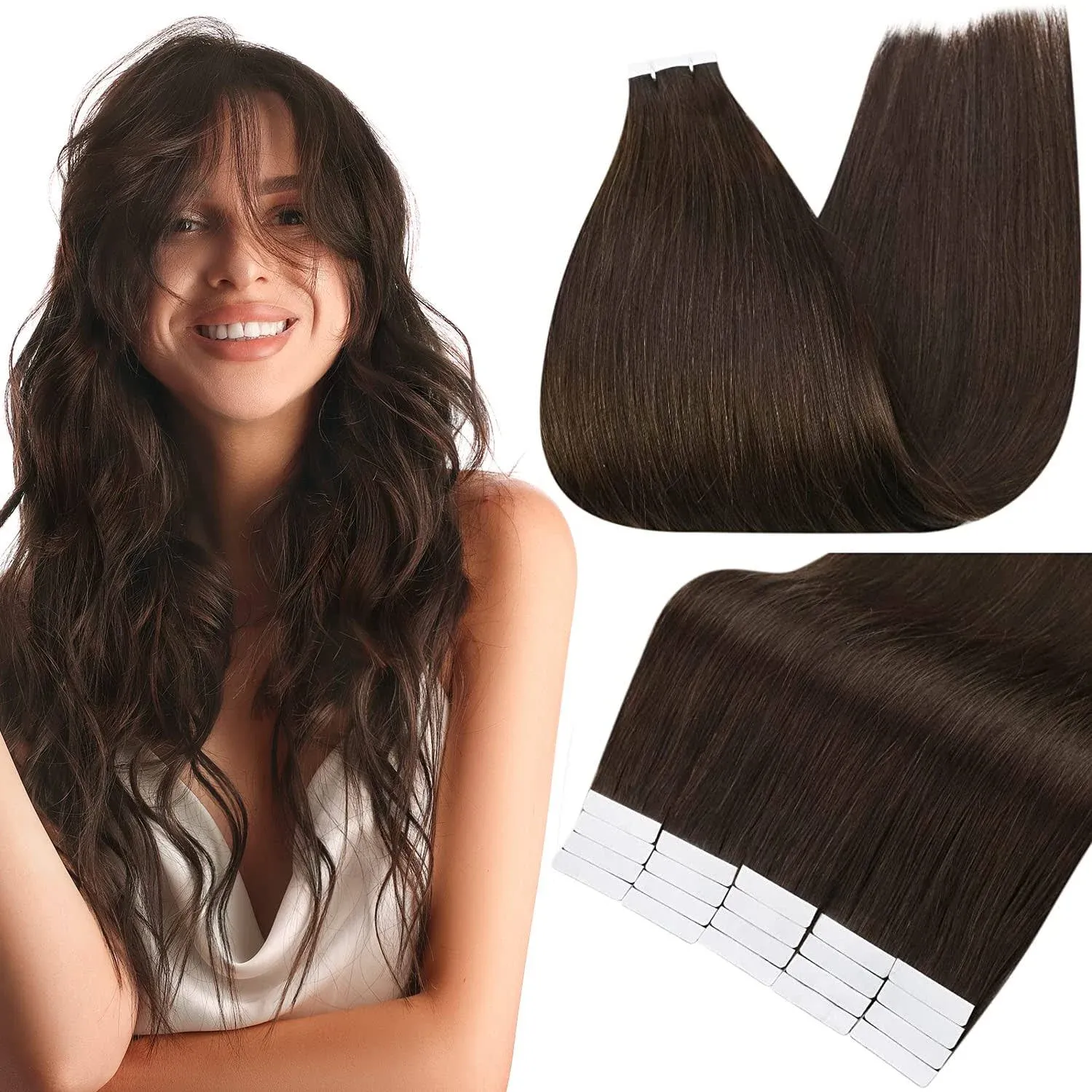 Full Shine Darkest Brown Tape In Hair Extensions 12 Inch Short Hair Color 2 Real Hair Tape In Extensions Straight Hair Double Side Tape In Human Hair Extensions 30 Grams 20 Pcs Brazilian Glue In Hair