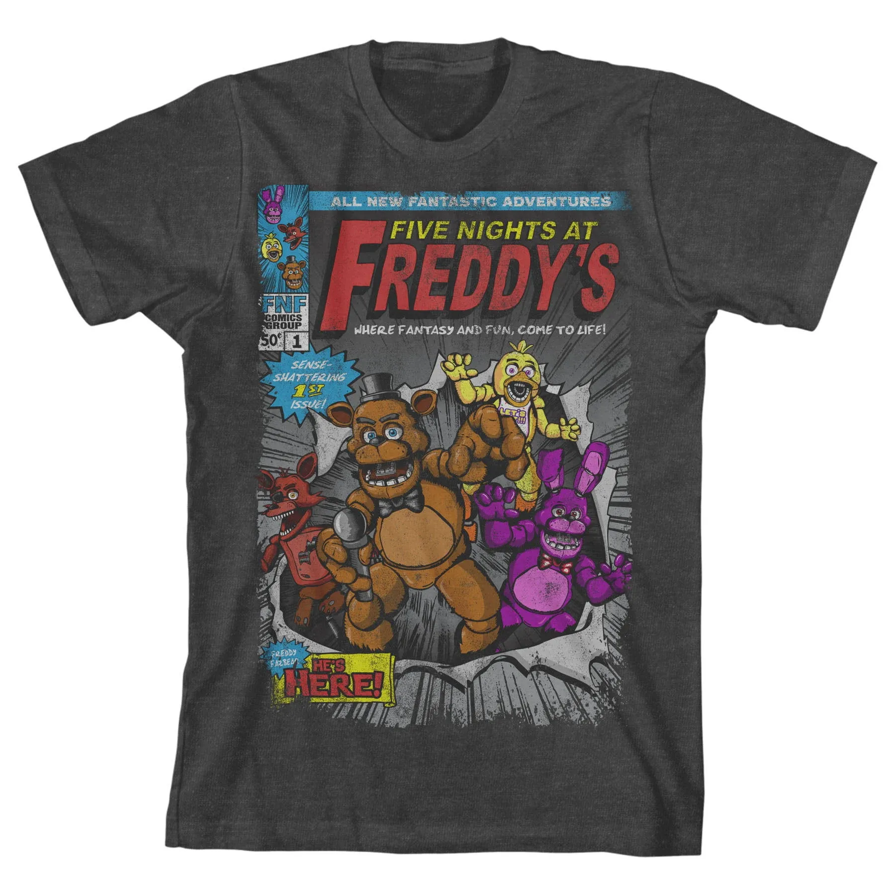 Five Nights at Freddy's Comic Cover Art Boy's Charcoal Heather T-shirt-XL