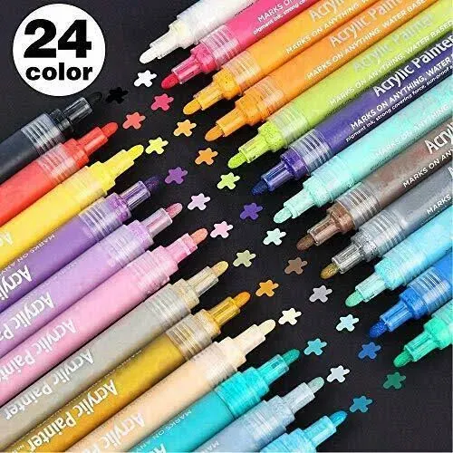 Lelix Acrylic Paint Markers, 24 Colors Permanent Acrylic Paint Pens for Rock, Glass painting, Ceramic, Wood, Canvas, Fabric, Photo Album, DIY Craft