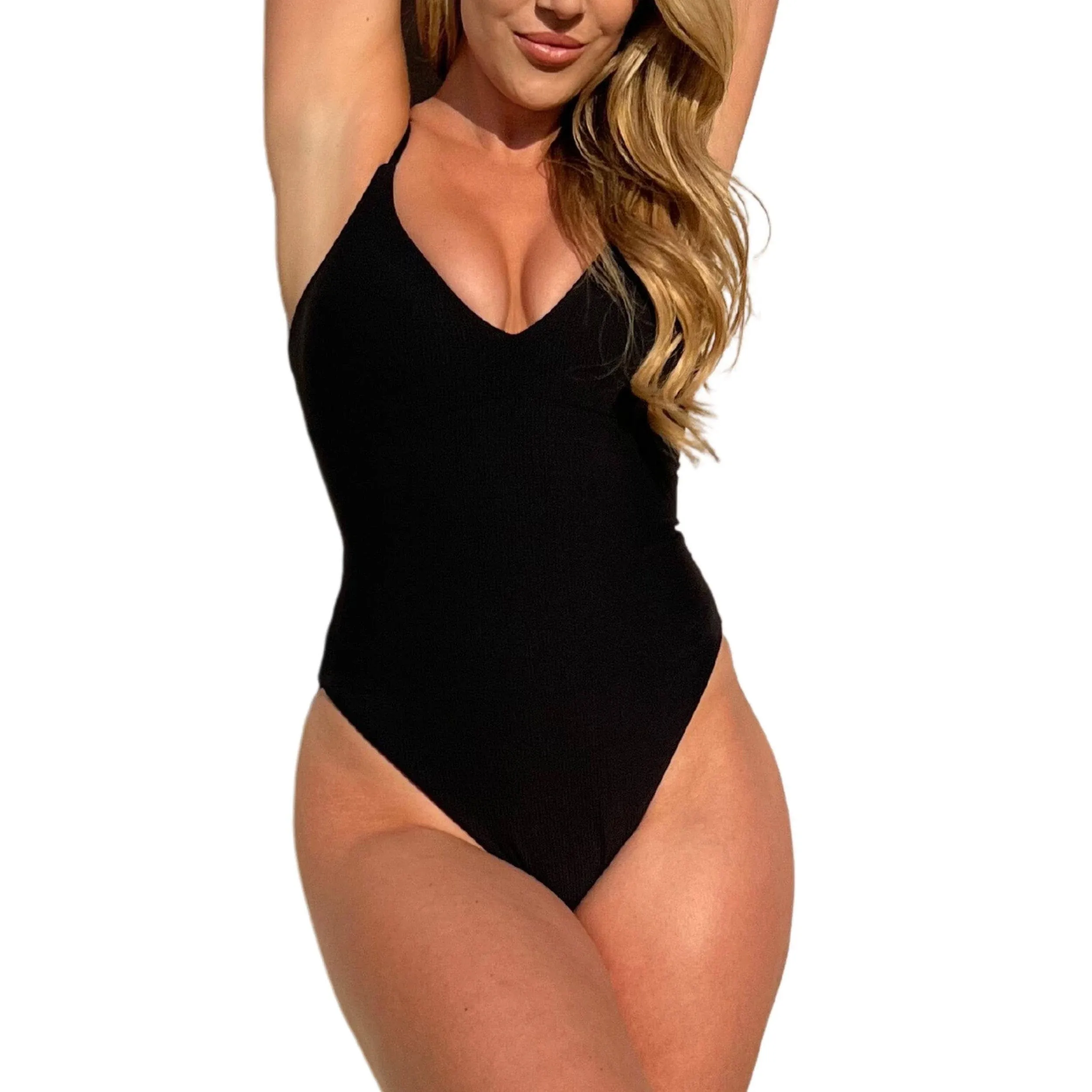 Push Up & Tummy Control, Ribbed Shapewear One Piece Swimsuit with Lace Up Back Detail