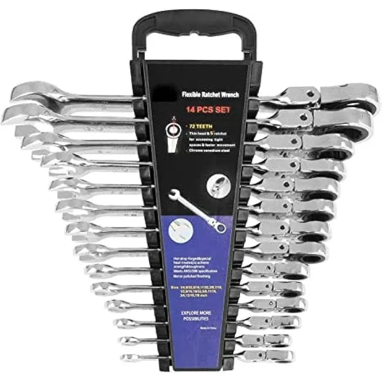 14-Piece Ratcheting Wrench Set SAE 1 4A -7 8A Chrome Vanadium Steel Flex Head Combination with Rack at MechanicSurplus.com