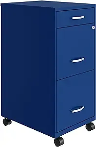 Space Solutions 18 Inch Wide Metal Mobile Organizer File Cabinet for Office Supplies and Hanging File Folders w/Pencil Drawer & 3 File Drawers, Blue