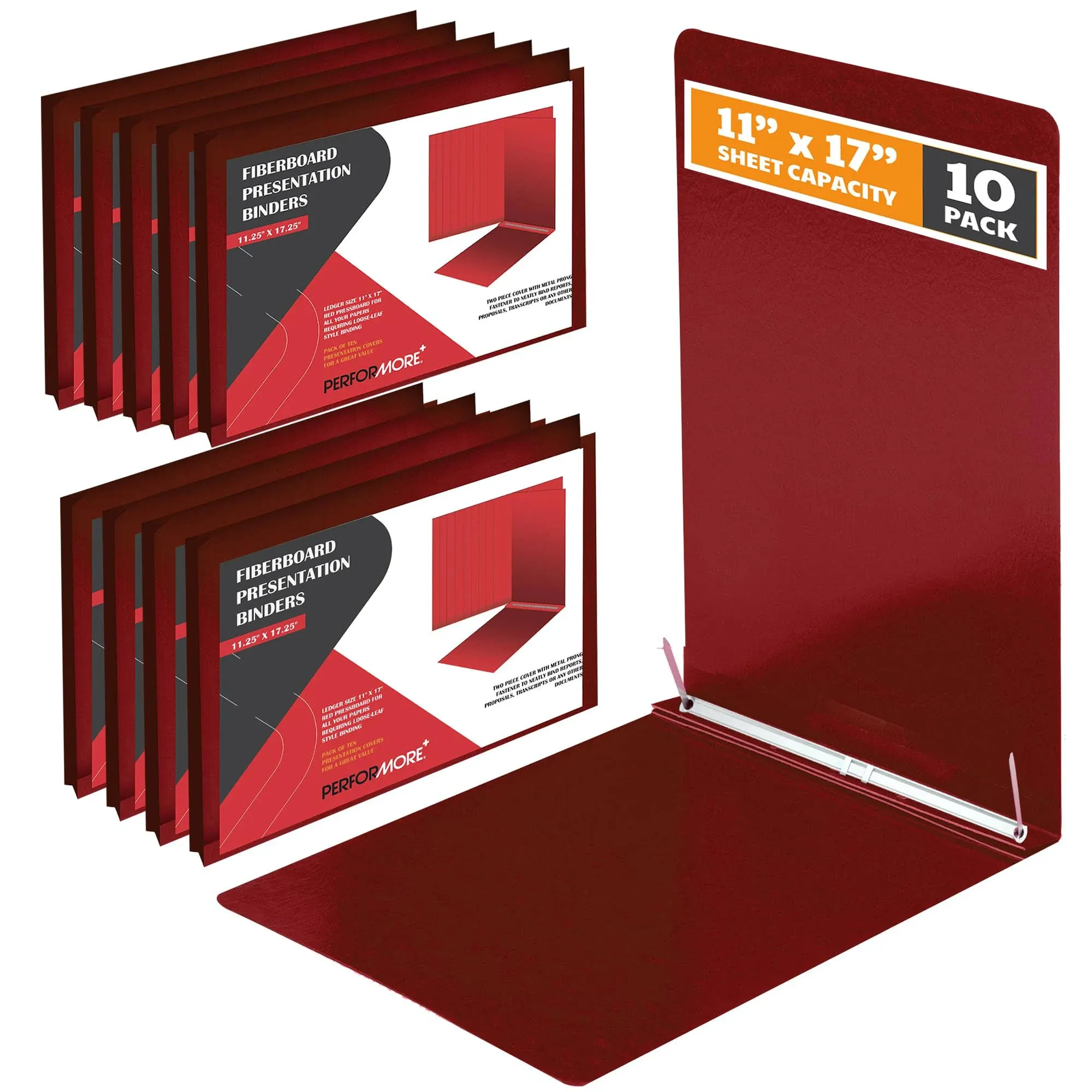 10 Pack of 11”X17” Landscape Pressboard Presentation Binder Folder, Red Fiberboa