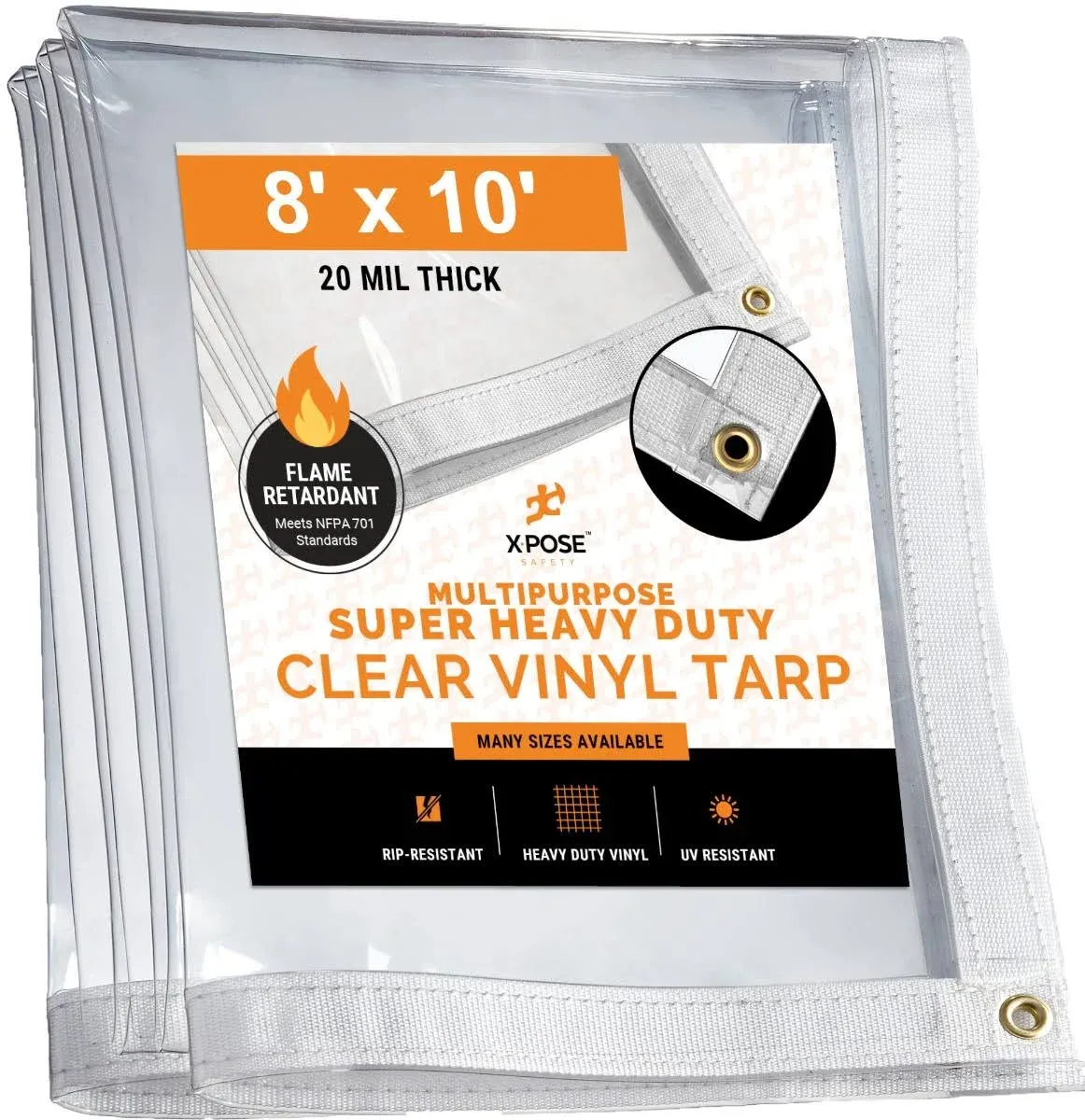 Xpose Safety CVTFR-810 8' x 10' Clear Vinyl Tarp - Fire Retardant 20 M