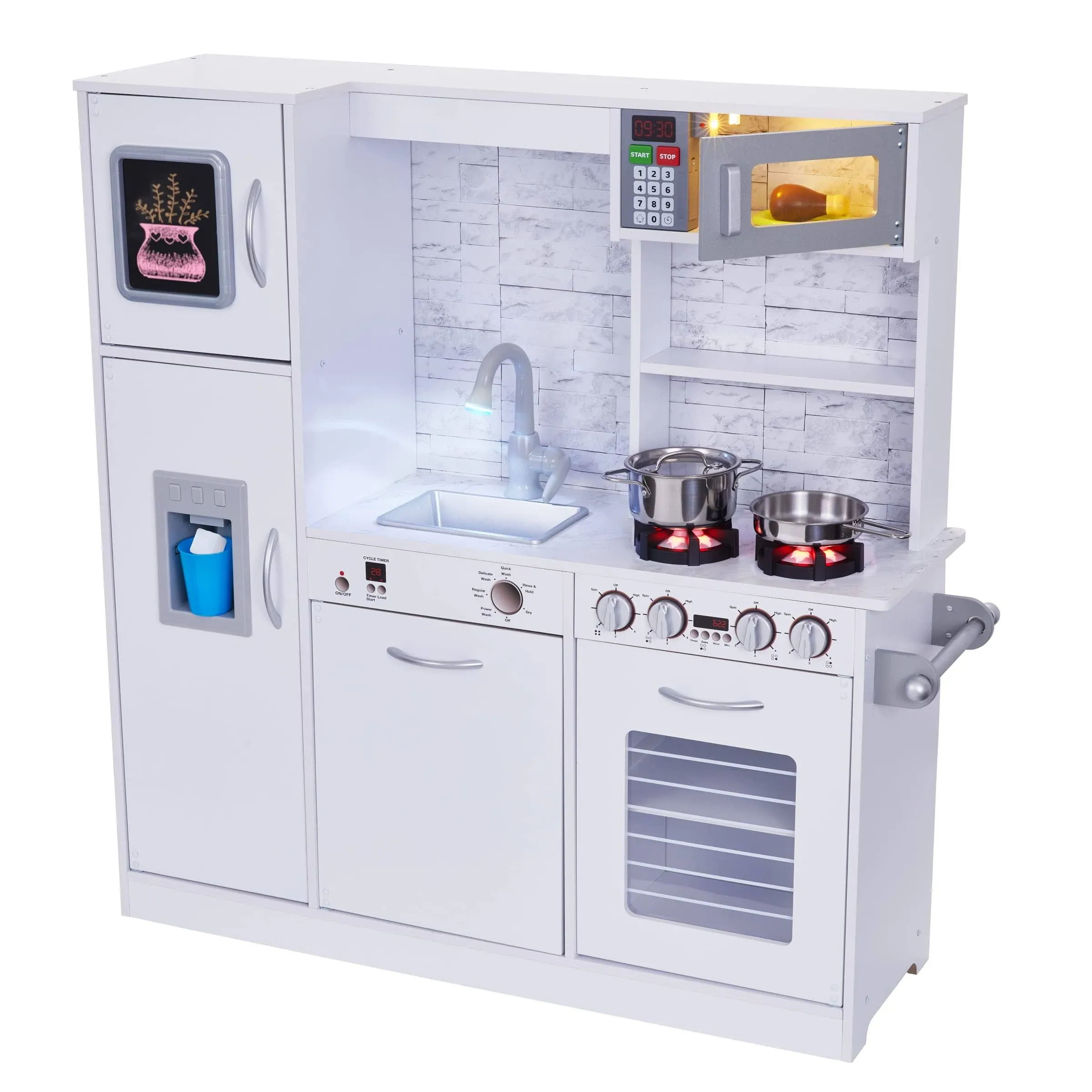 Kids Kitchen Set, Pretend Wooden Play Kitchen, Battery Operated Icemaker, Burner