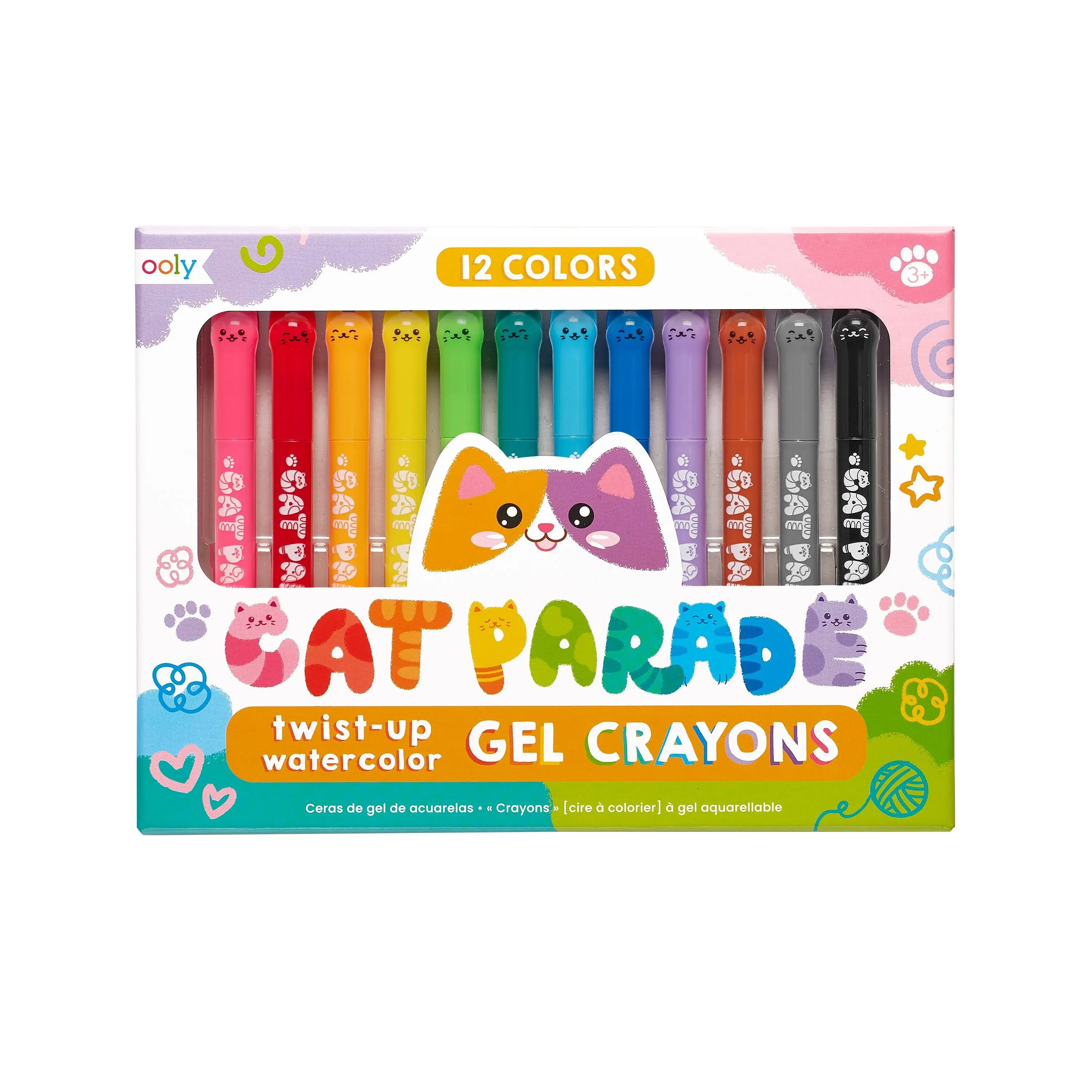 Ooly Cat Parade Gel Crayons Set of 12, Cute Cat-Themed Twistable Crayons for Kids, Pack of 12 Vibrant Colors, Sketch with Smooth Gliding Gel, Twistable Crayon Box for School and Arts and Crafts