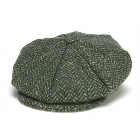 Hanna Hats Irish Newsboy Cap Donegal Tweed 8 Piece 100% Wool Hat for Men Made in Ireland | Green Herringbone