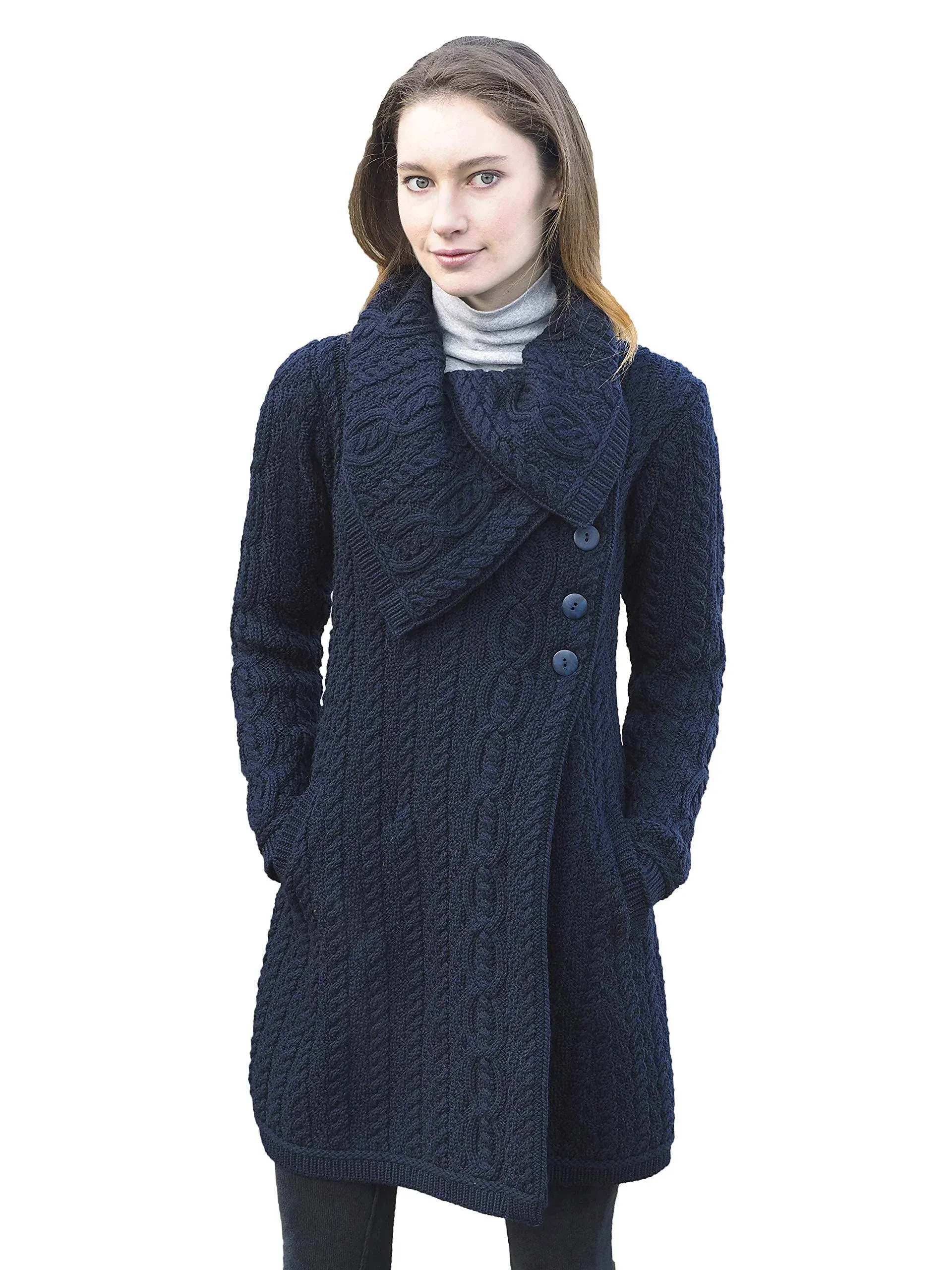 Aran Crafts Chunky Collar Navy Coat, XL