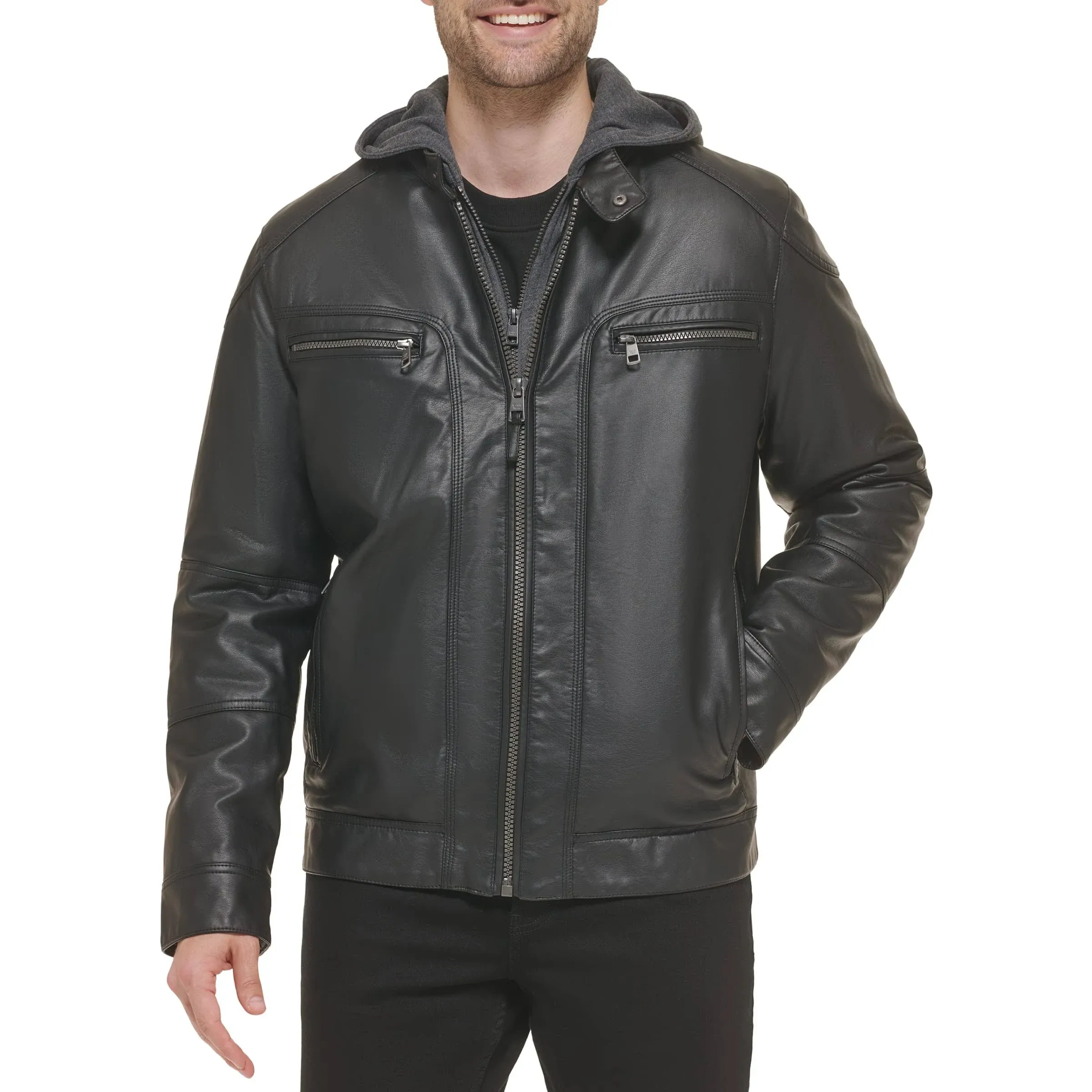 Calvin Klein Men's Faux Leather Moto Jacket with Removable Hoodie