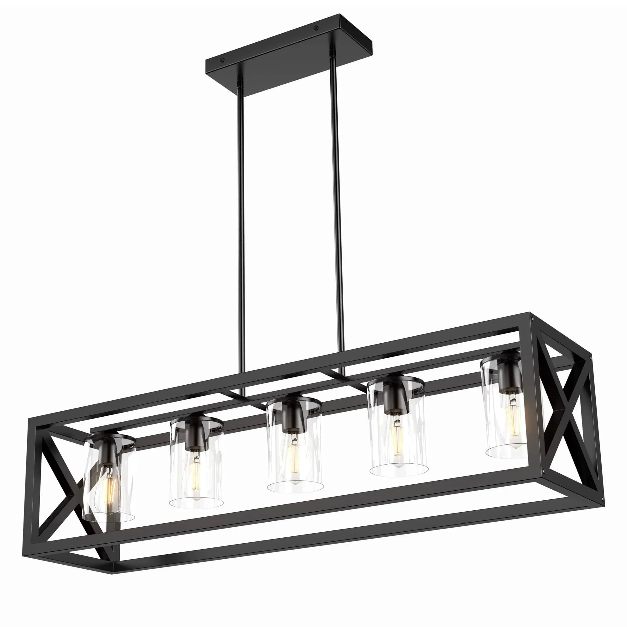 Espird Farmhouse Chandelier Rectangle Black, 5 Light Kitchen Island Cage Linear Pendant Lights Industrial Ceiling Light with GLA