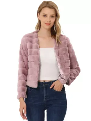 Allegra K Women's Winter Warm Cropped Collarless Faux Fur Fluffy Coat