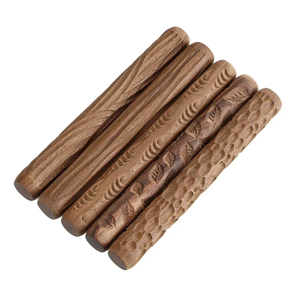 OwnMy Set of 5 Clay Modeling Pattern Rollers Kit, Fish Leaves Cobblestone Ripple Wood Grain Pattern 4.7 in Clay Rolling Pin Textured Hand Roller Woode