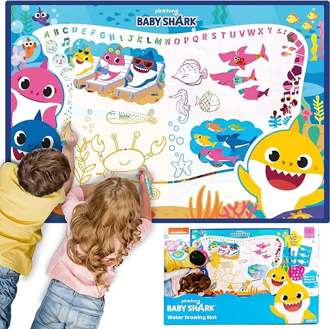 Horizon Group USA Baby Shark Water Drawing Mat, Includes Reusable 40-Inch Water Drawing Mat, Refillable Water Brush & Pens, Stencils, Mess-Free Water Art for Toddlers, Age 3+