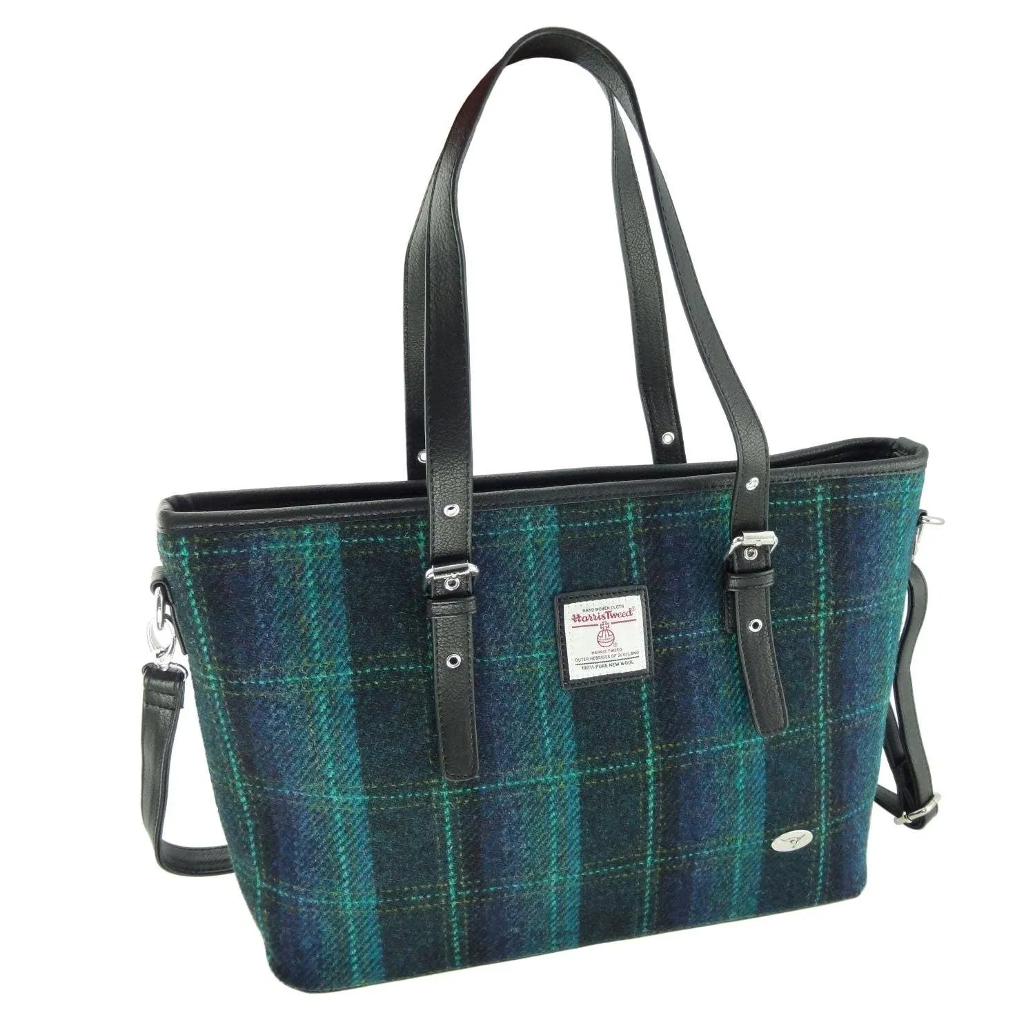 Turquoise Plaid Harris Tweed Large Tote Bag