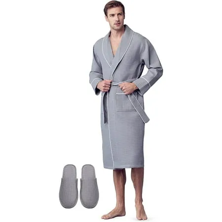 LOTUS LINEN Waffle Piping Robes for Men - Hotel/Spa Luxury Cotton Bathrobes