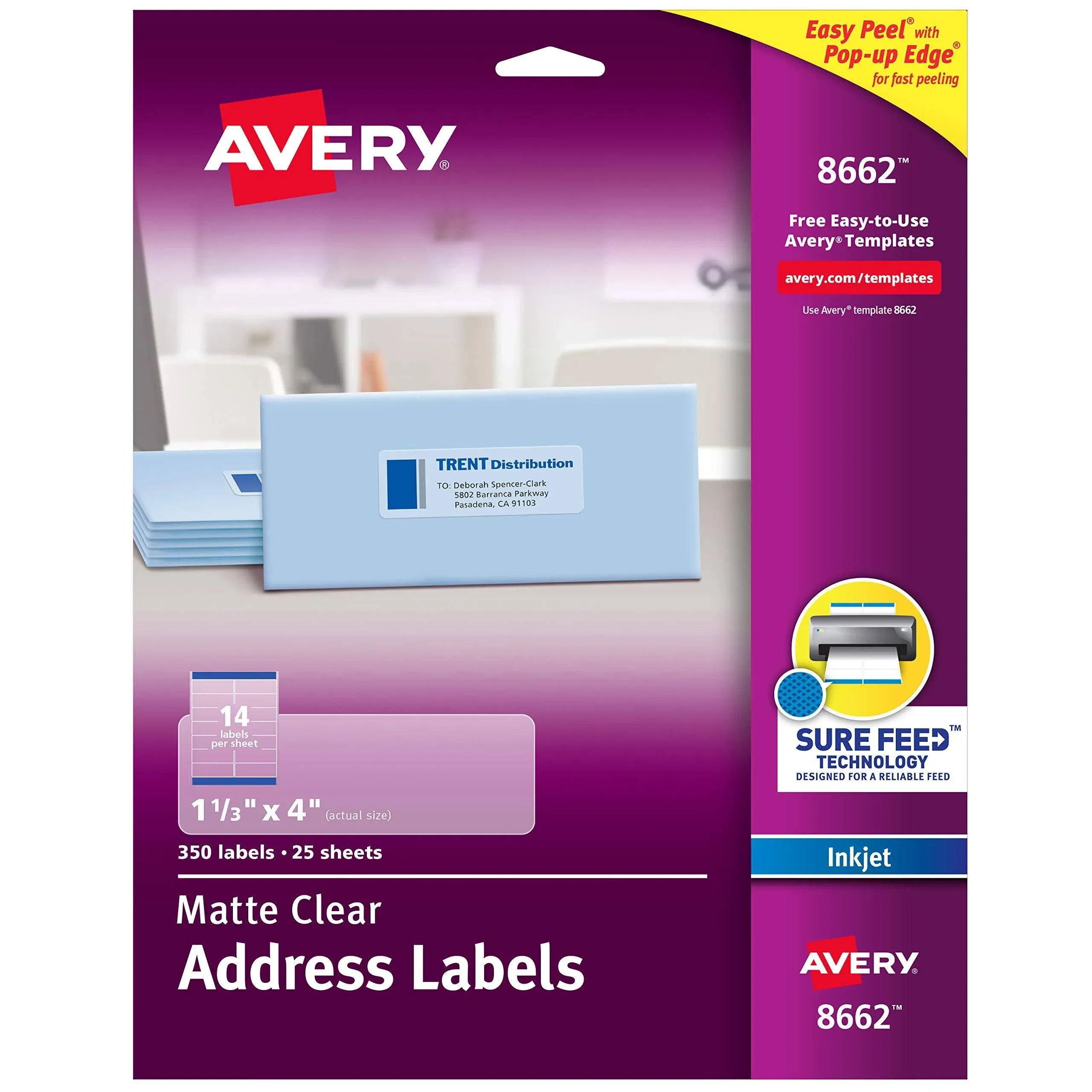 Avery Matte Clear Easy Peel Mailing Labels W/ Sure Feed Technology, Inkjet Print