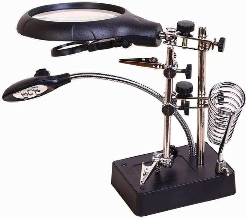 AORAEM 2.5x 7.5x 10x LED Light Helping Hands Magnifier Station,Magnifying Glass Stand with Clamp and Alligator Clips