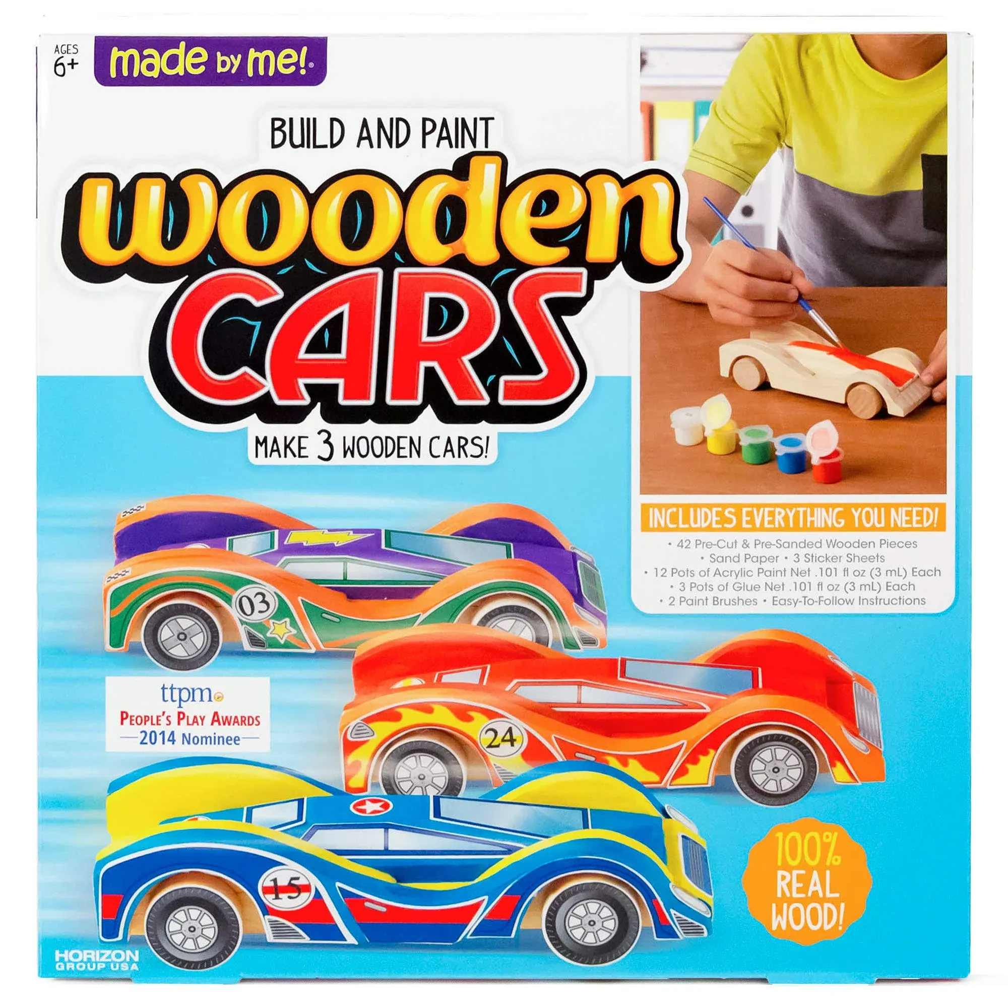 Made By Me Build & Paint Your Own Wooden Cars by Horizon Group USA, DIY Wood Craft Kit, Easy to Assemble & Paint 3 Race Cars, Multicolored