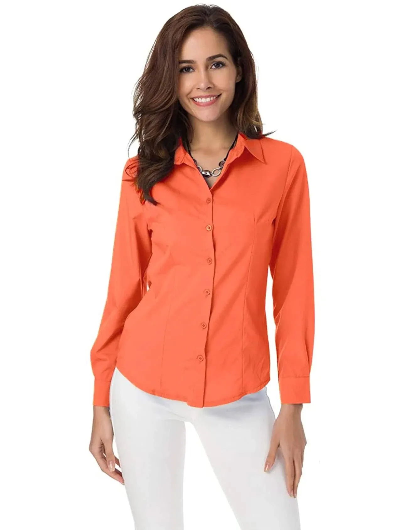 Atnlewhi Women Basic Long Sleeve Button Down Shirts Simple Pullover, Orange, L