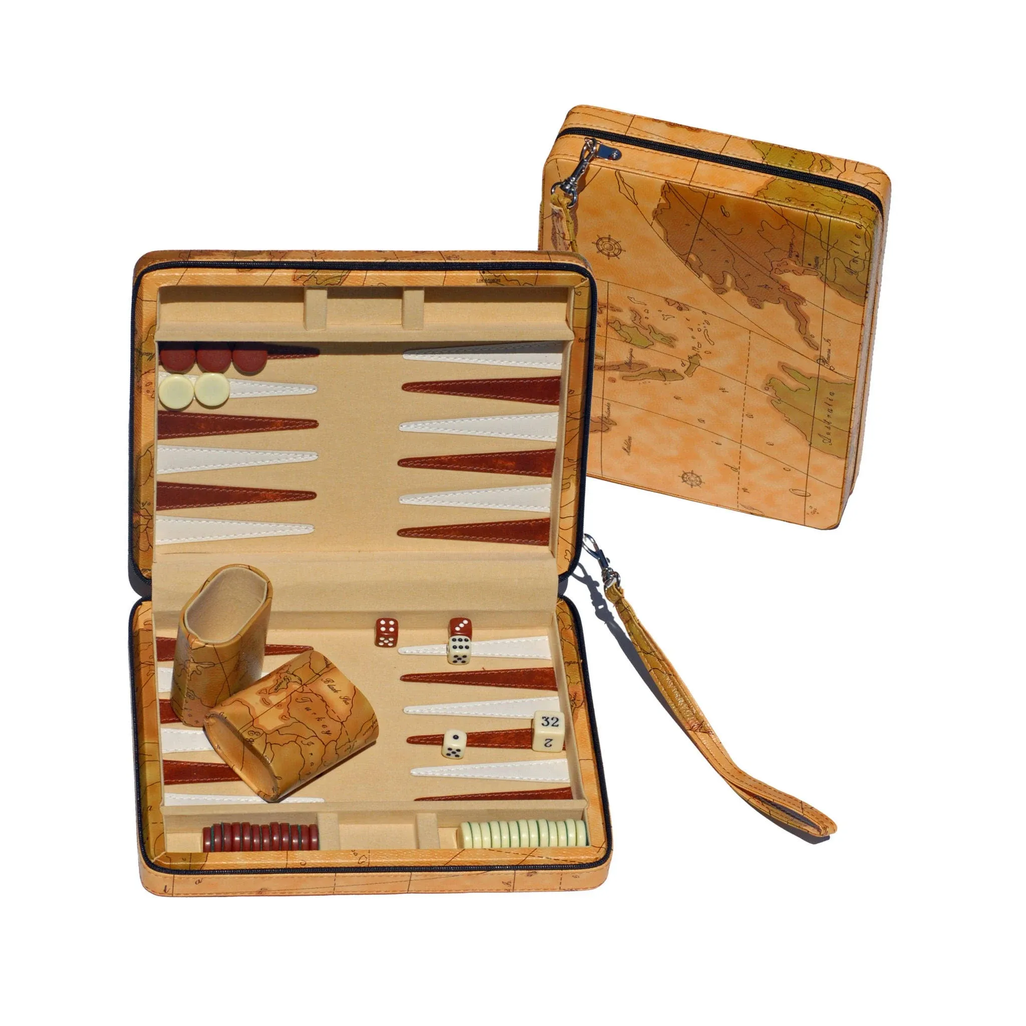 WE Games Tan Map Design Magnetic Backgammon Set, Leatherette, Travel Size